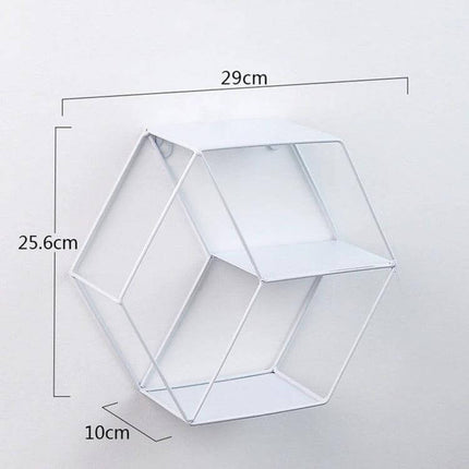 Hanging Wrought Iron Hexagonal Grid Wall Shelf For Living Room white hexagonal iron wall shelf with dimensions 29cm x 25.6cm x 10cm