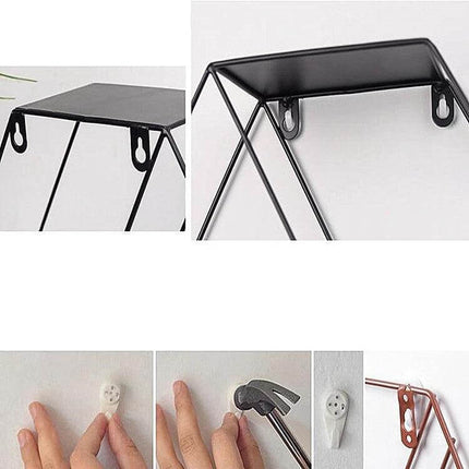 Hanging Wrought Iron Hexagonal Grid Wall Shelf For Living Room close-up of black metal shelf hooks and installation steps