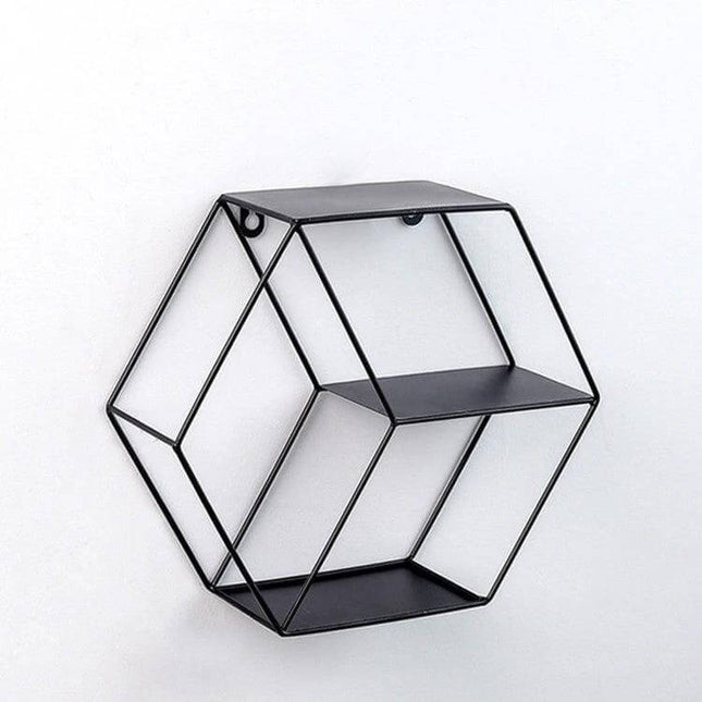Hanging Wrought Iron Hexagonal Grid Wall Shelf For Living Room - black metal hexagon wall shelf with two display surfaces