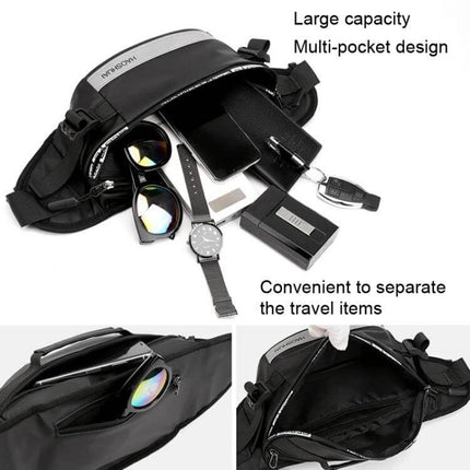 HAOSHUAI Outdoor Running Waist Bag With Reflective Strip showing multi-pocket nylon design holding phone, keys, sunglasses and travel items, adjustable strap
