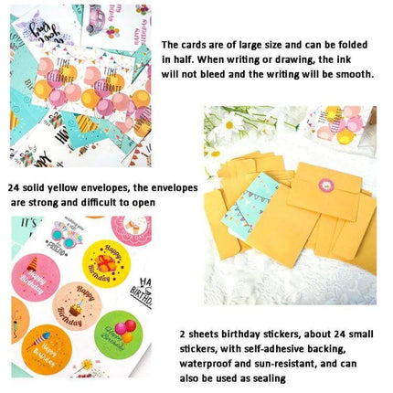 Happy Birthday Greeting Cards 24-Card Set with Envelopes showing folded large cards, 24 yellow envelopes and 24 self-adhesive birthday stickers
