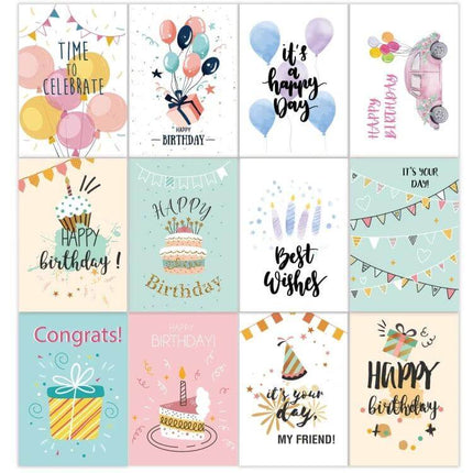 Happy Birthday Greeting Cards 24-Card Set with Envelopes featuring assorted pastel birthday card designs with balloons, cake, gifts and bunting