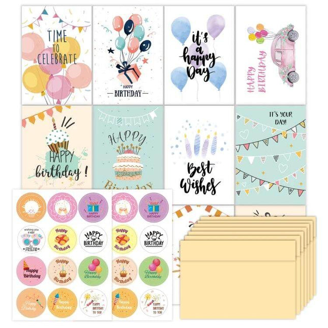 Happy Birthday Greeting Cards 24-Card Set with Envelopes — assorted folded birthday card designs with stickers and envelopes in gift box