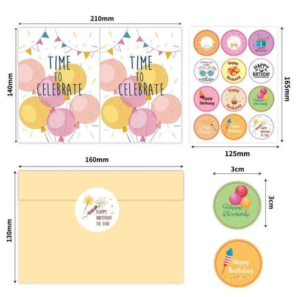 Happy Birthday Greeting Cards 24-Card Set with Envelopes showing folded balloon designs, 24 stickers, envelopes and dimensions