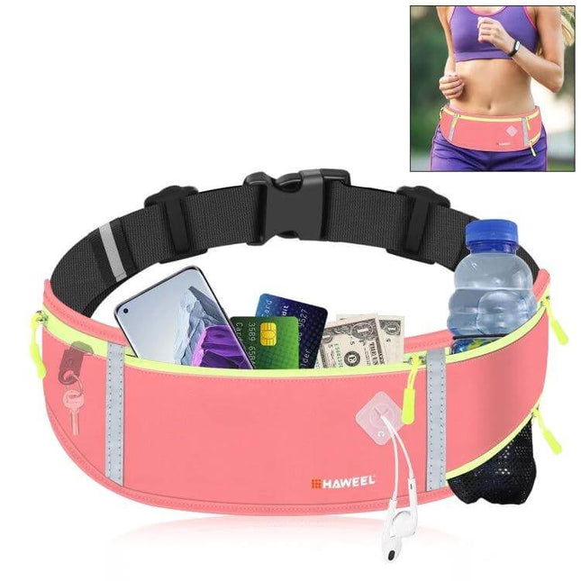 HAWEEL Running Belt Water Resistant Waist Pouch For Everyday Runs - Pink water-resistant waist pouch with phone, cards, cash, bottle pocket, and earphone port