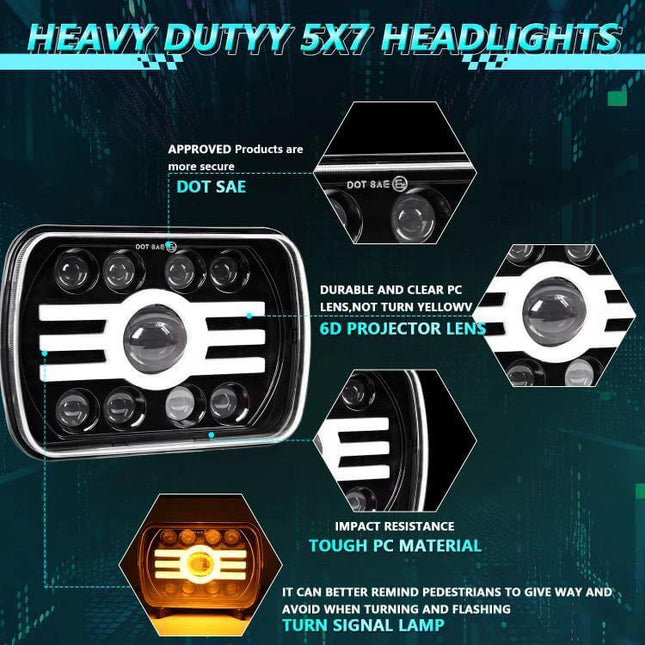 Headlight For Jeep Wrangler 7 Inch Everyday Driving 5x7 square LED headlight with DRL, turn signals, 6D projector lens, die-cast aluminum housing