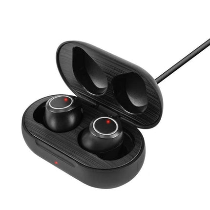 Hearing Aid Sound Amplifier Mini USB Charging For Everyday Use - compact black earbuds-style sound amplifier in open charging case