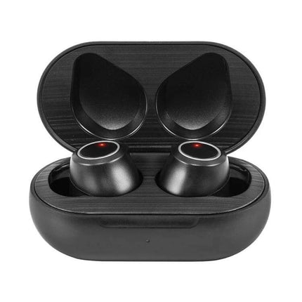 Hearing Aid Sound Amplifier Mini USB Charging For Everyday Use compact black earbuds-style amplifier in charging case, adjustable gain, up to 121 dB