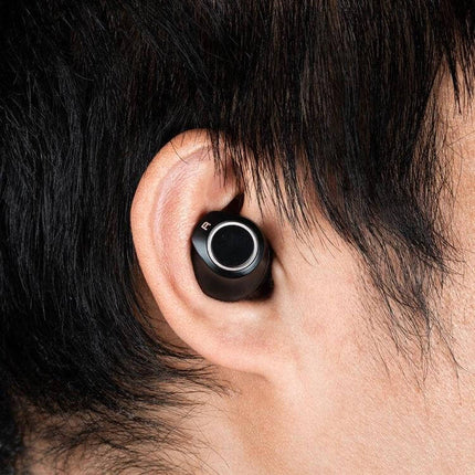 Hearing Aid Sound Amplifier Mini USB Charging For Everyday Use - compact black in-ear amplifier shown in ear for conversations and TV
