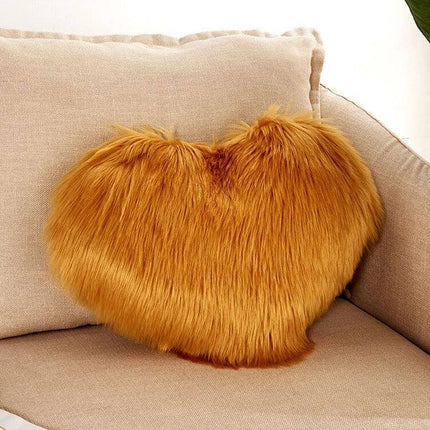 Home Cushion Pillow 40x50 Cm For Sofa And Bed Use - Heart-shaped plush golden faux fur pillow on beige sofa