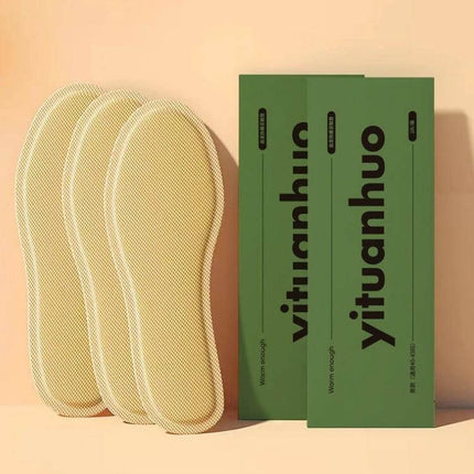 Heated Walking Insoles Pair For Cold Feet EU 36-43 Unisex showing two beige insoles with green packaging