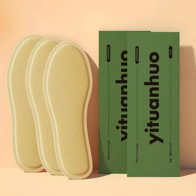 Heated Walking Insoles Pair For Cold Feet EU 36-43 Unisex shown with beige insoles and green packaging
