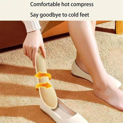 Heated Walking Insoles Pair For Cold Feet EU 36-43 Unisex - slim heated insoles shown being inserted into flats for fast warmth and comfort