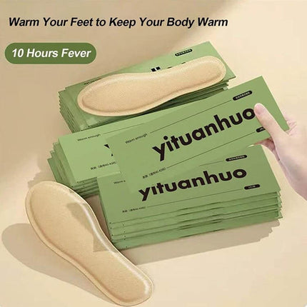 Heated Walking Insoles Pair For Cold Feet EU 36-43 Unisex lightweight heated insoles showing beige insoles and green packaging, fast 10 second heat