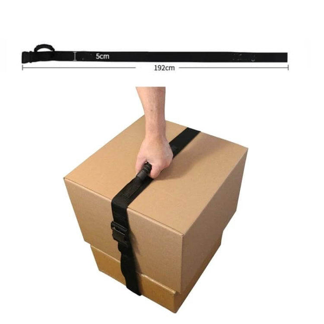 Heavy Lifting Straps Cross Type Portable Moving Belts shown on cardboard box with hand using cross-type strap and 5cm polyester webbing