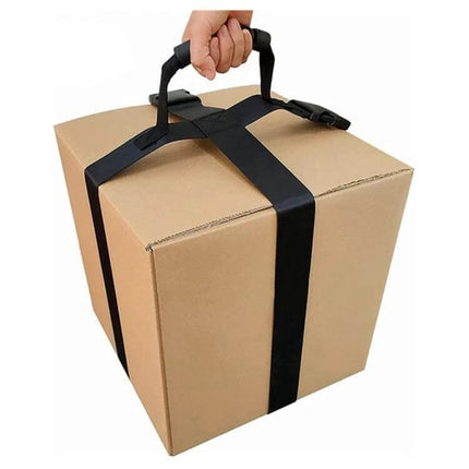 Heavy Lifting Straps Cross Type Portable Moving Belts being used to lift a cardboard box with cross-type polyester webbing and handles