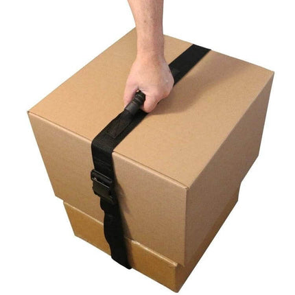 Heavy Lifting Straps Cross Type Portable Moving Belts being used to lift a cardboard box with two-person cross strap for balanced, hands-free moving