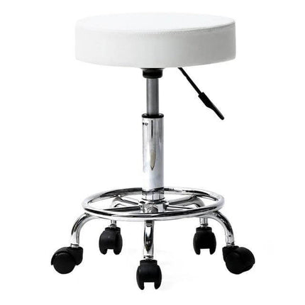 Height Adjustable Pulley Bar Stool for Barber Shop - chrome frame, white PU leather seat, foam cushion, 360° swivel, caster wheels, 45–57 cm height range