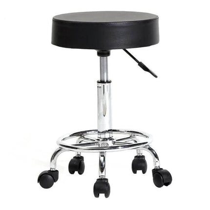 Height Adjustable Pulley Bar Stool for Barber Shop – chrome frame, black PU leather seat, foam cushion, 360° swivel, 45–57 cm height, caster wheels