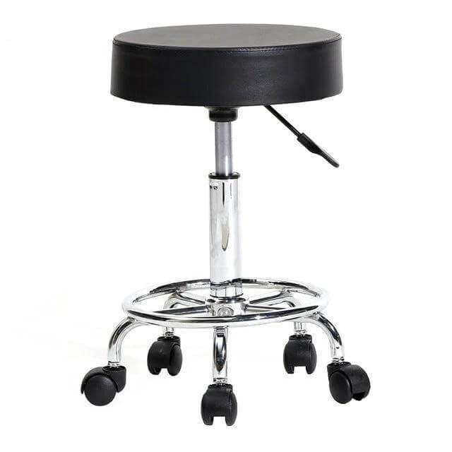 Height Adjustable Pulley Bar Stool for Barber Shop – chrome frame, black PU leather seat, foam cushion, 360° swivel, 45–57 cm height, caster wheels
