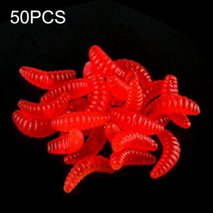 Alt Tag: Hengjia 20mm Bread Bait Worms 50 Pcs Soft Bait For Fresh And Saltwater Fishing bright red soft bread-mimic worms pile on black background