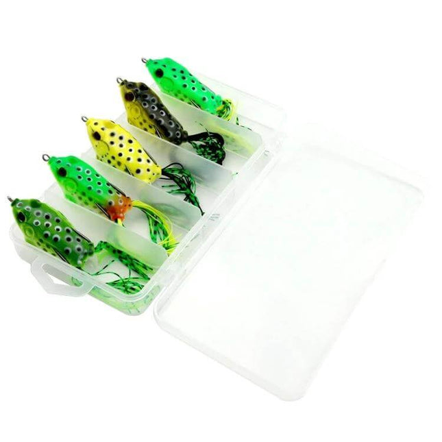Hengjia Ray Frog Soft Baits 5 Piece Fishing Lure Set – five lifelike green and yellow frog soft plastic lures in clear tackle box with 3D eyes and hooks