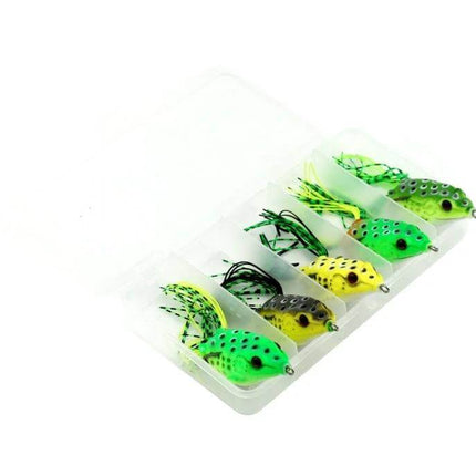 Hengjia Ray Frog Soft Baits 5 Piece Fishing Lure Set - 5 lifelike green-yellow soft frog lures with 3D eyes and hooks in clear storage tray