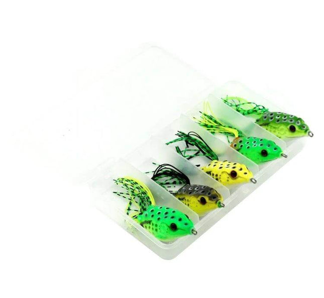 Hengjia Ray Frog Soft Baits 5 Piece Fishing Lure Set - 5 lifelike green-yellow soft frog lures with 3D eyes and hooks in clear storage tray