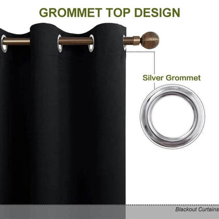High-Precision Blackout Curtain Shade Cloth 140x225 black grommet top curtain panel showing silver grommets and rod