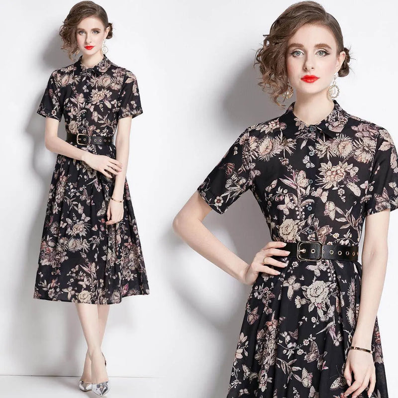 High-Waisted Black Ink Print Swing Dress for Every Occasion