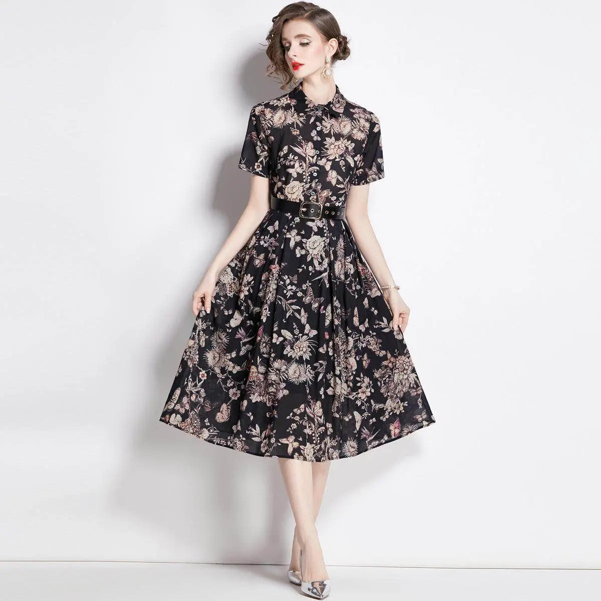 High-Waisted Black Ink Print Swing Dress for Every Occasion