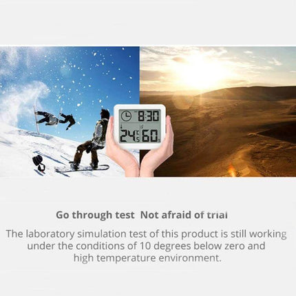 Home Humidity And Temperature Monitor Clock With 3.2-Inch LCD showing temp 24°C and humidity 60% in extreme cold and hot conditions