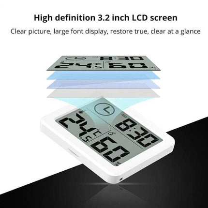 Home Humidity And Temperature Monitor Clock With 3.2-Inch LCD digital desk unit showing temperature, humidity and clock on high-definition 3.2-inch LCD