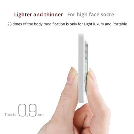 Home Humidity And Temperature Monitor Clock With 3.2-Inch LCD slim white unit held between fingers showing 0.9 cm thin profile and compact design