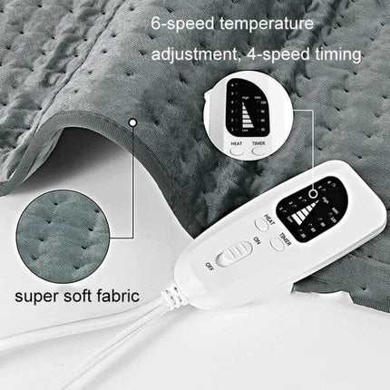 Home Physiotherapy Heating Pad 60x30cm For At Home Use - white controller showing 6 temperature levels and 4 timer settings on soft grey heating pad