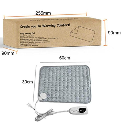 Home Physiotherapy Heating Pad 60x30cm For At Home Use - gray quilted electric heating pad with IC controller showing 6 heat levels and 4 timers