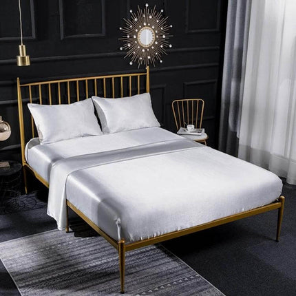 Home Silk-Like Bedding Set, 4-Piece US King Size Bed shown on gold metal bed with silk-satin sheen, quilted low-bulk design in modern master bedroom