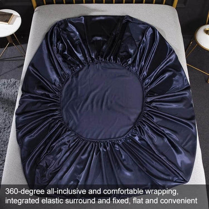 Home Silk-Like Bedding Set, 4-Piece US King Size Bed navy silk-like fitted sheet on bed with elastic edges, quilted smooth sheen