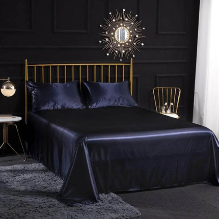 Home Silk-Like Bedding Set, 4-Piece US King Size Bed in navy silk-satin polyester with quilted texture on gold bedframe