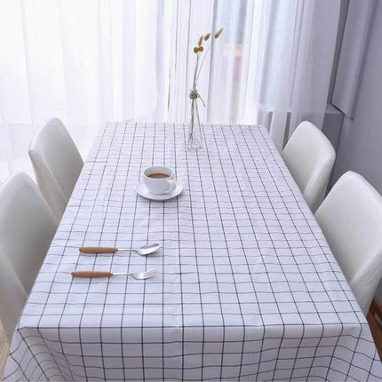 Home Tablecloth No-Wash PVC Coffee Table Cloth 137x90cm on white grid vinyl tablecloth with cup and cutlery, wipe-clean protective cover