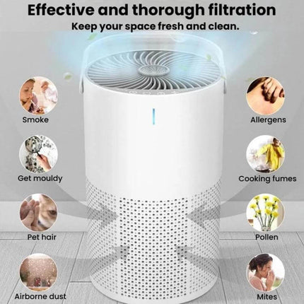 Home Touch-Control Air Purifier With Aromatherapy LED Light compact white purifier with touch panel and 360-degree intake removing smoke, pet hair, pollen