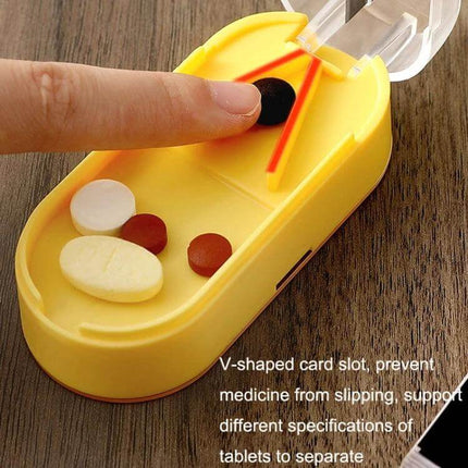 Home Transparent Tablet Divider Medicine Box With Compartments showing transparent lid, built-in cutter and compartments with tablets inside