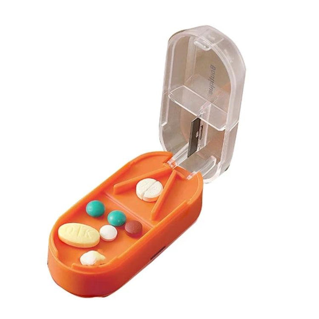 Home Transparent Tablet Divider Medicine Box With Compartments showing transparent lid, built-in cutter and multiple pill compartments for travel