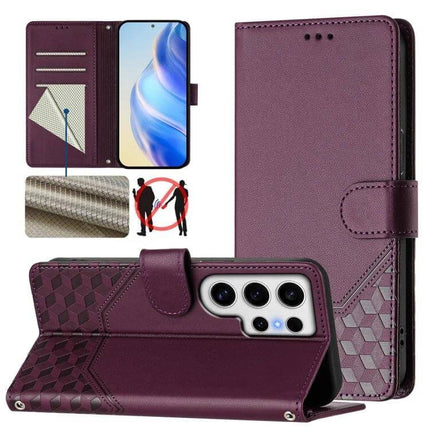 Honeycomb Embossing RFID Leather Phone Case With Card Holder in purple PU leather with card slots, RFID protection and foldable stand