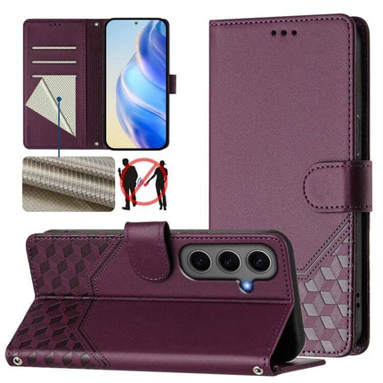 Honeycomb Embossing RFID Leather Phone Case With Card Holder in purple wallet style with card slots, RFID protection and kickstand