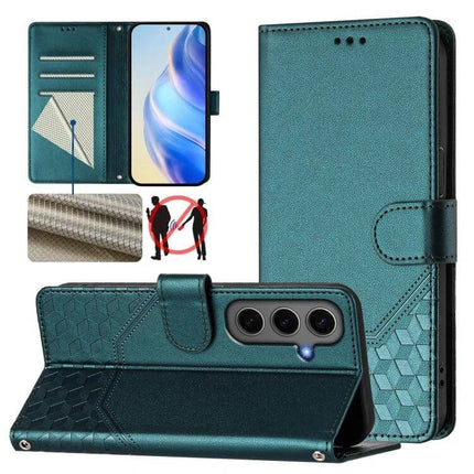 Honeycomb Embossing RFID Leather Phone Case With Card Holder in teal wallet style with card slots, stand function and RFID protection
