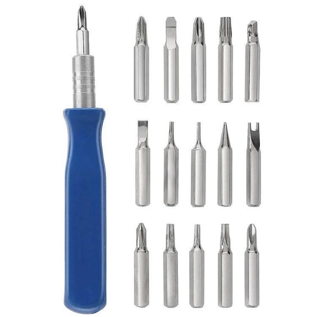 Hoshe 16 in 1 Mini Screwdriver Set for Watch and Eyeglasses Repairs - compact kit with blue ergonomic handle and 16 interchangeable carbon steel bits