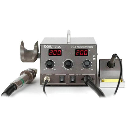 Hot Air Gun And Soldering Iron Set For Everyday Repairs With Digital Display showing front panel, dual digital temperature readouts and handpieces