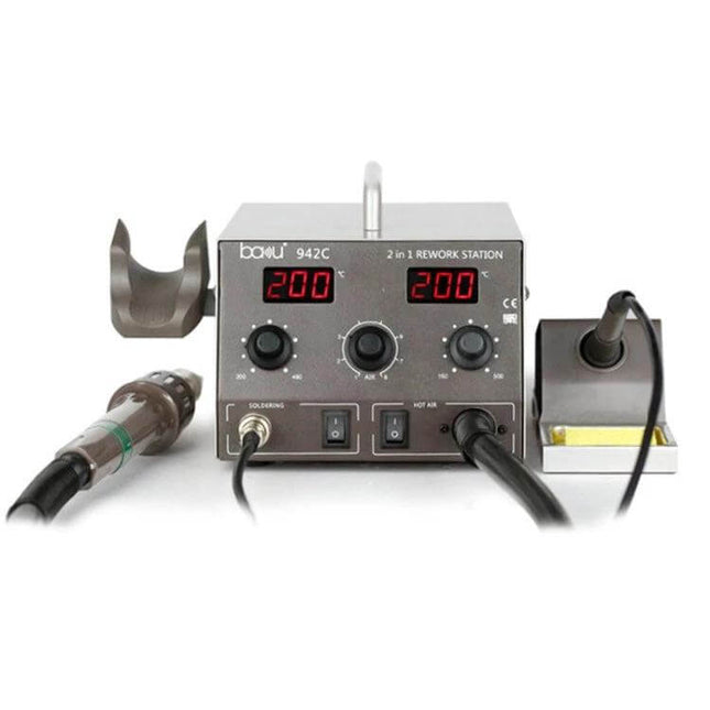 Hot Air Gun And Soldering Iron Set For Everyday Repairs With Digital Display showing front panel, dual digital temperature readouts and handpieces