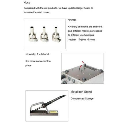 Hot Air Gun And Soldering Iron Set For Everyday Repairs With Digital Display showing no-slip footstand, metal iron stand and interchangeable nozzles